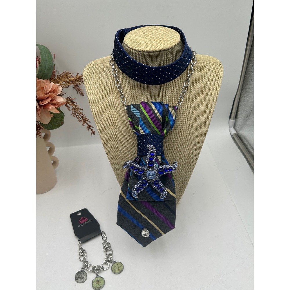 Tommy Hilfiger Upcycled Tie Necklace Blue Starfish Brooch Paparazzi Bracelet Set - Picture 8 of 13